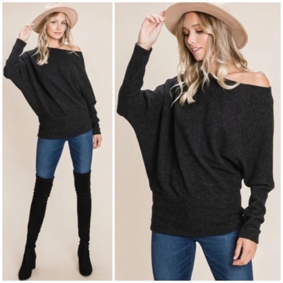 SOLD OUT Black Solid Ribbed Off Shoulder Dolman Sweater - Picture 1 of 5